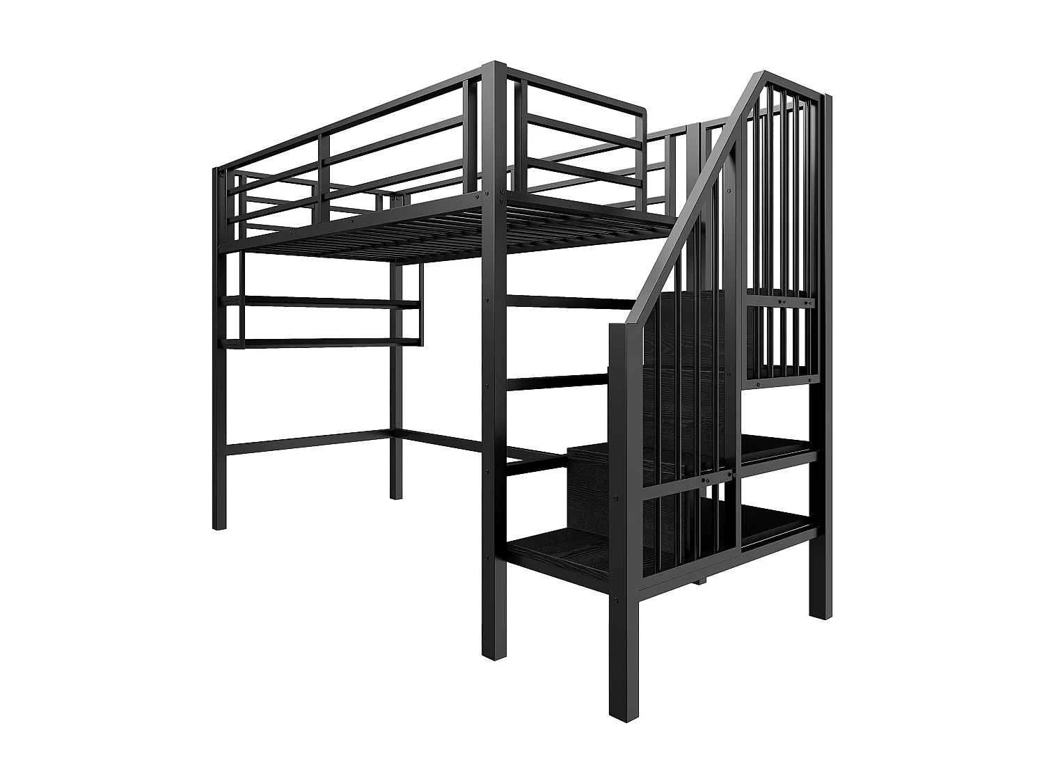Letto a soppalco per bambini - 90 x 200 cm - con ripiani portaoggetti e scaletta - metallo + MDF - nero