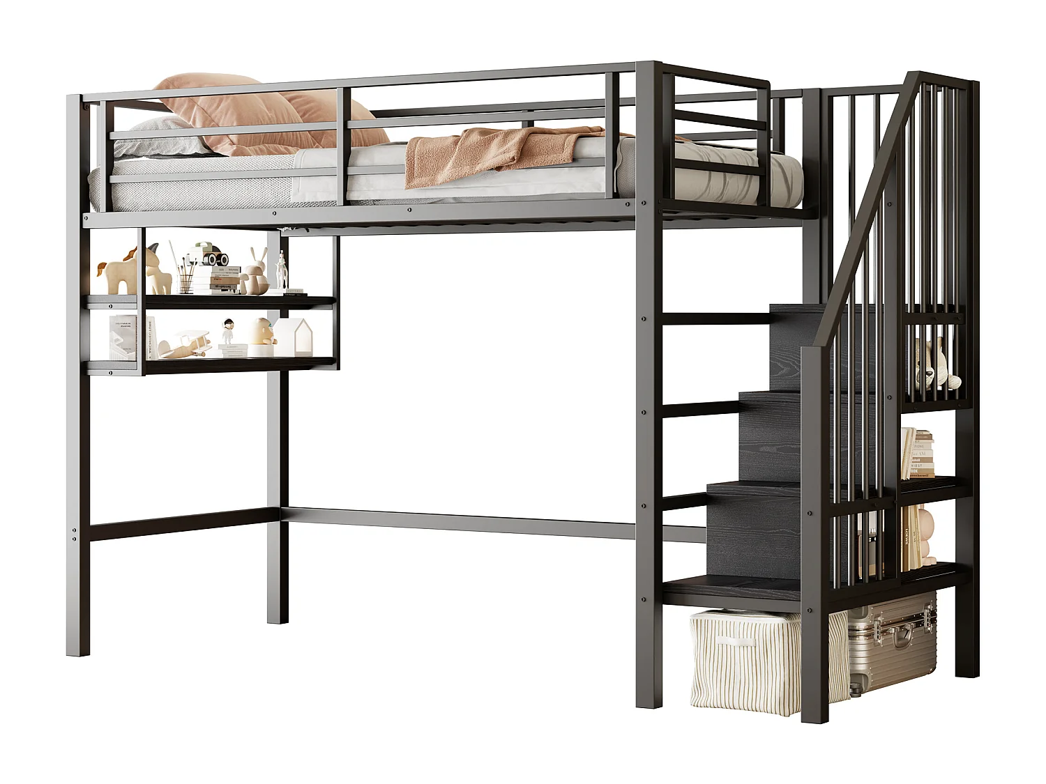 Kinderhochbett - 90 x 200 cm - mit Ablageböden und Leiter - Metall + MDF - schwarz