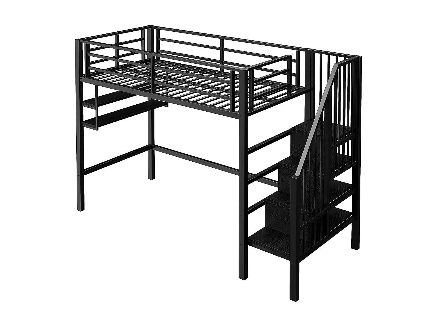 Kinderhochbett - 90 x 200 cm - mit Ablageböden und Leiter - Metall + MDF - schwarz