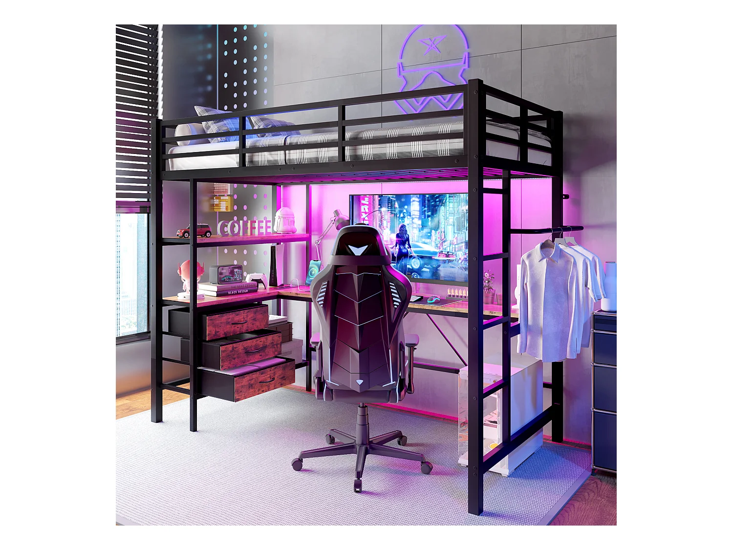 Lit mezzanine pour enfant - 90 x 200 cm - avec Leds + bureau + USB + 3 tiroirs - métal + MDF - noir