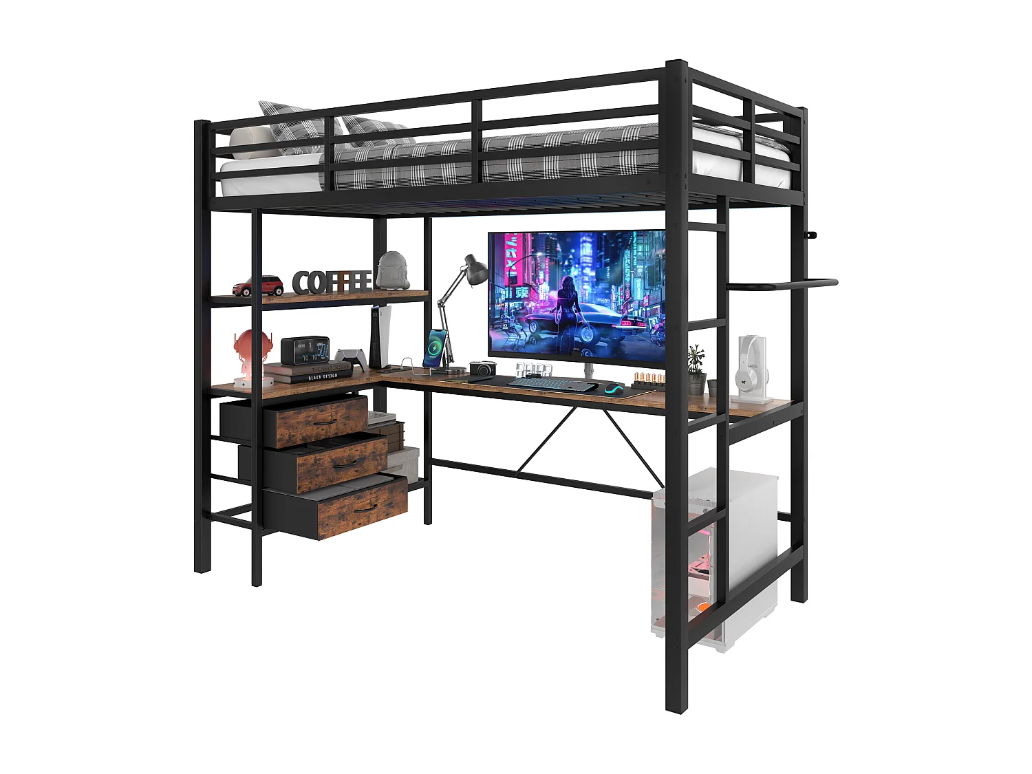 Lit mezzanine pour enfant - 90 x 200 cm - avec Leds + bureau + USB + 3 tiroirs - métal + MDF - noir