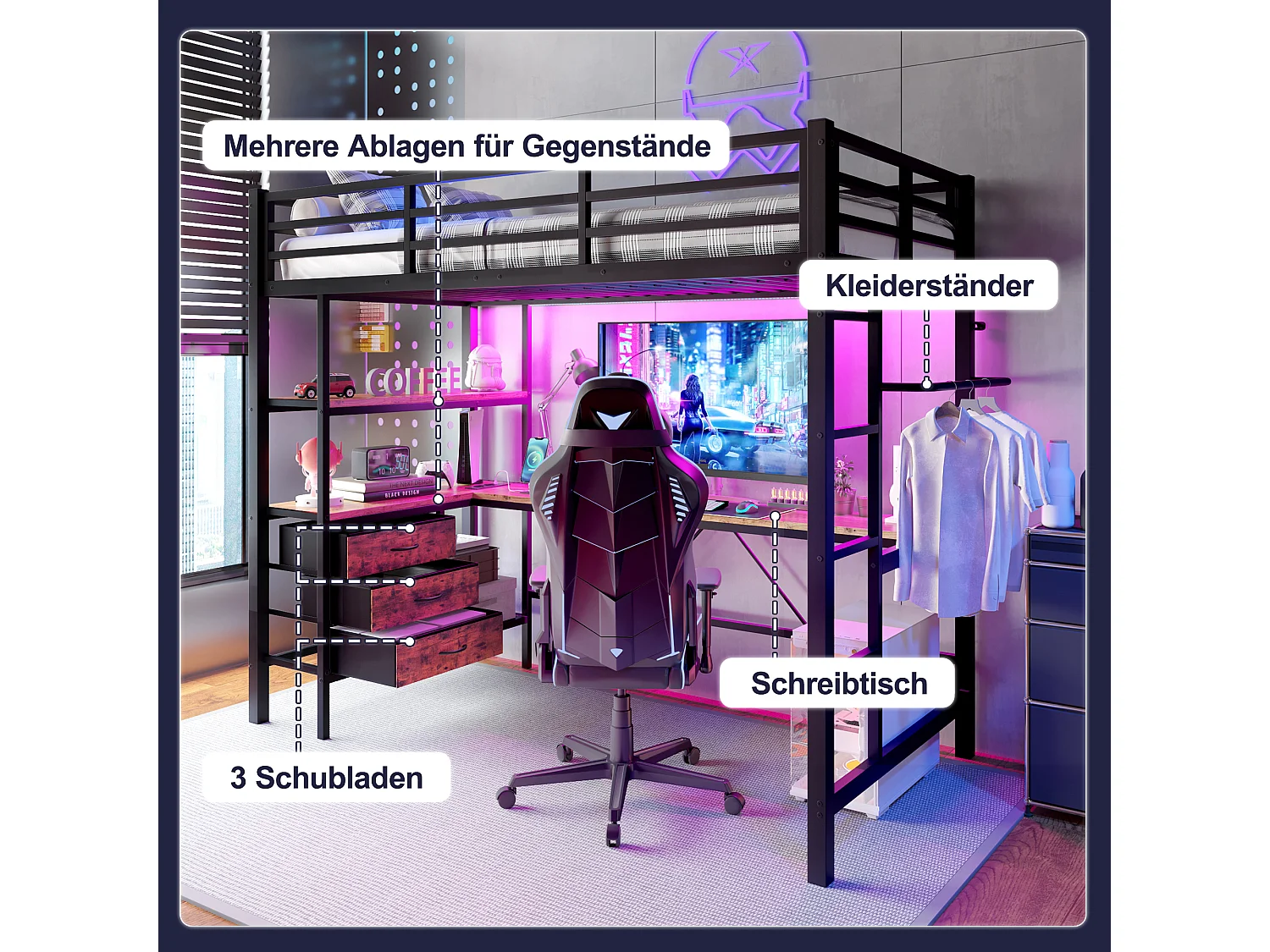 Lit mezzanine pour enfant - 90 x 200 cm - avec Leds + bureau + USB + 3 tiroirs - métal + MDF - noir