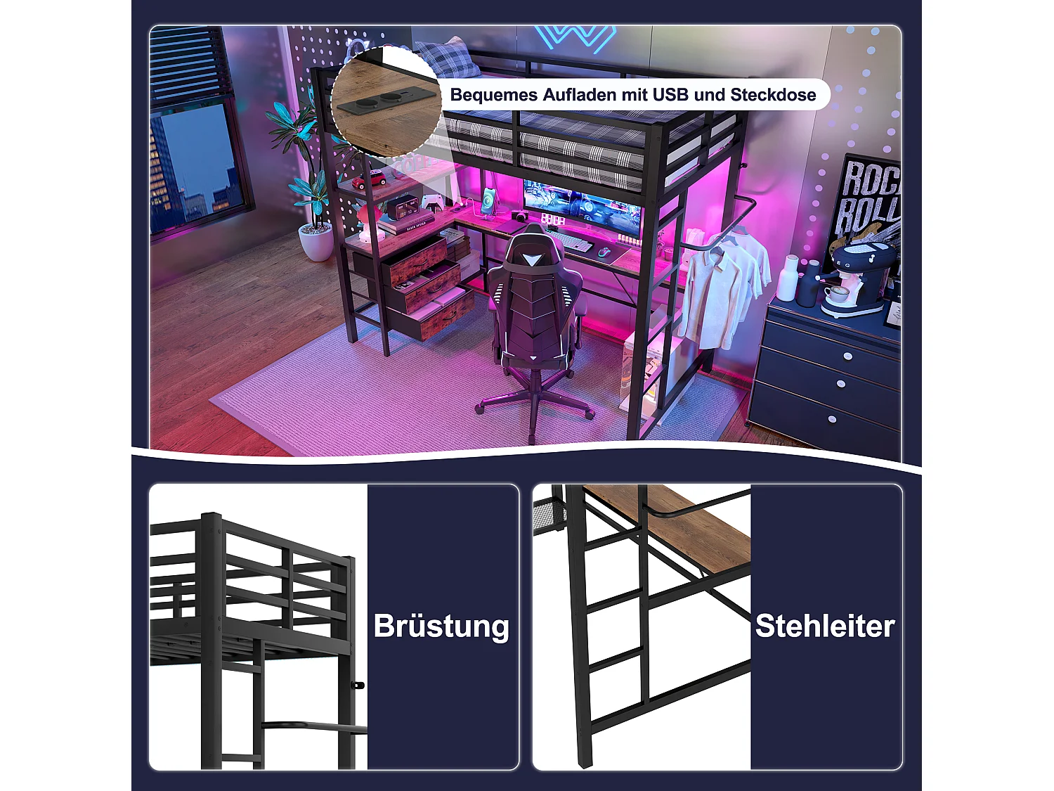 Lit mezzanine pour enfant - 90 x 200 cm - avec Leds + bureau + USB + 3 tiroirs - métal + MDF - noir