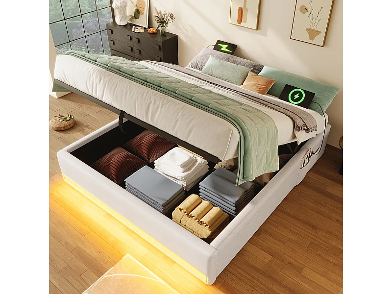 Lit coffre rembourré - 140 x 200 cm - avec Leds +  USB + Type-C - sans tête de lit - lin + MDF - beige