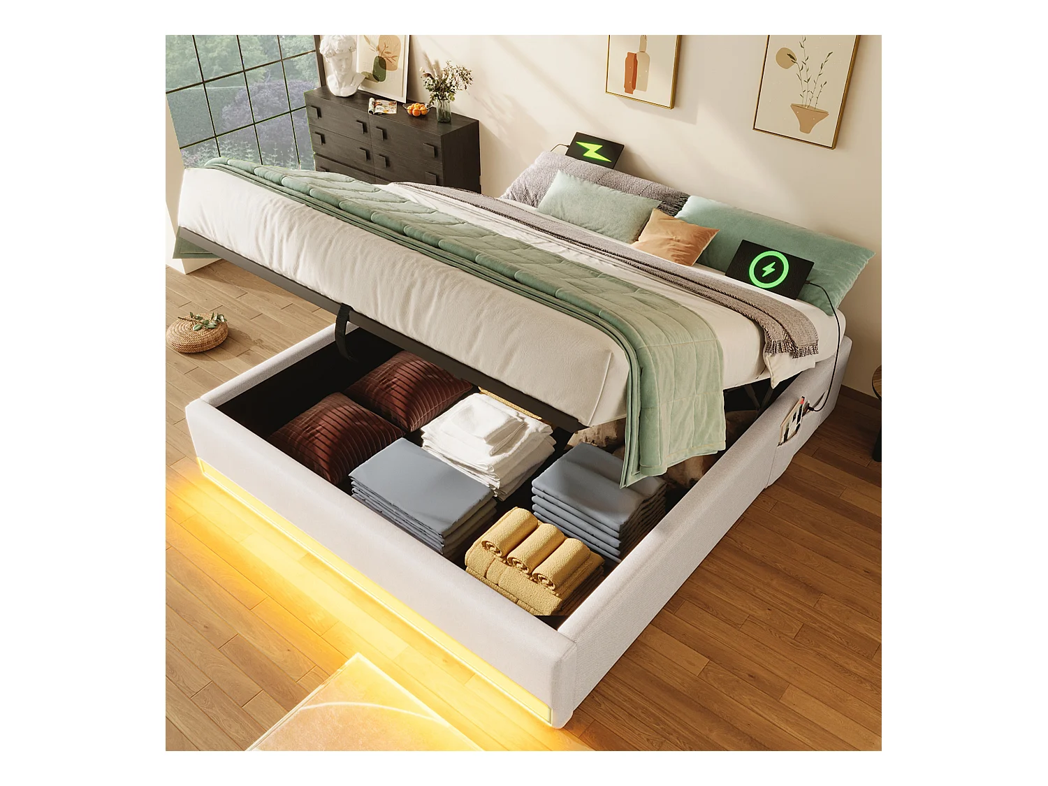 Lit coffre rembourré - 140 x 200 cm - avec Leds +  USB + Type-C - sans tête de lit - lin + MDF - beige