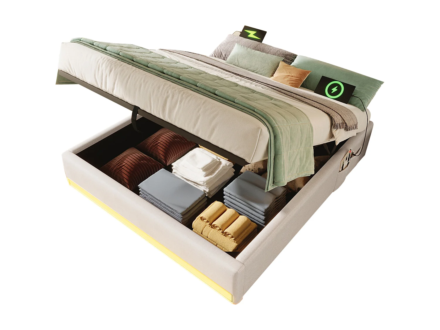 Lit coffre rembourré - 140 x 200 cm - avec Leds +  USB + Type-C - sans tête de lit - lin + MDF - beige