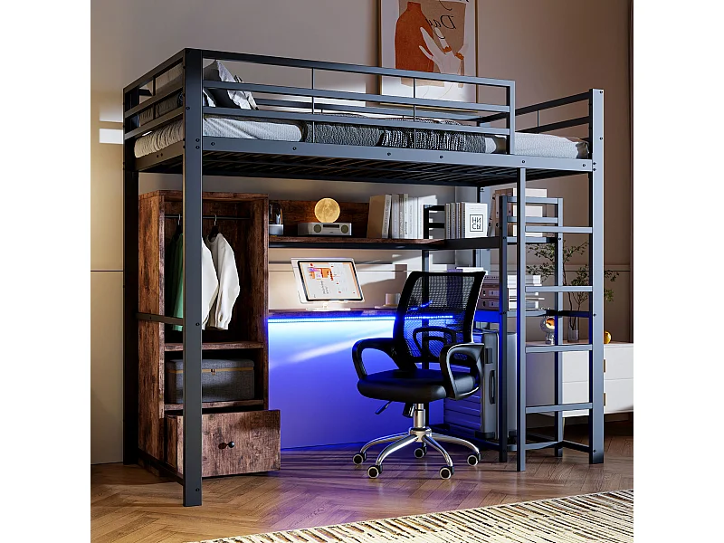 Lit mezzanine pour enfant - 90 x 200 cm - avec armoire + Leds + bureau + 1 tiroir - MDF + métal - noir
