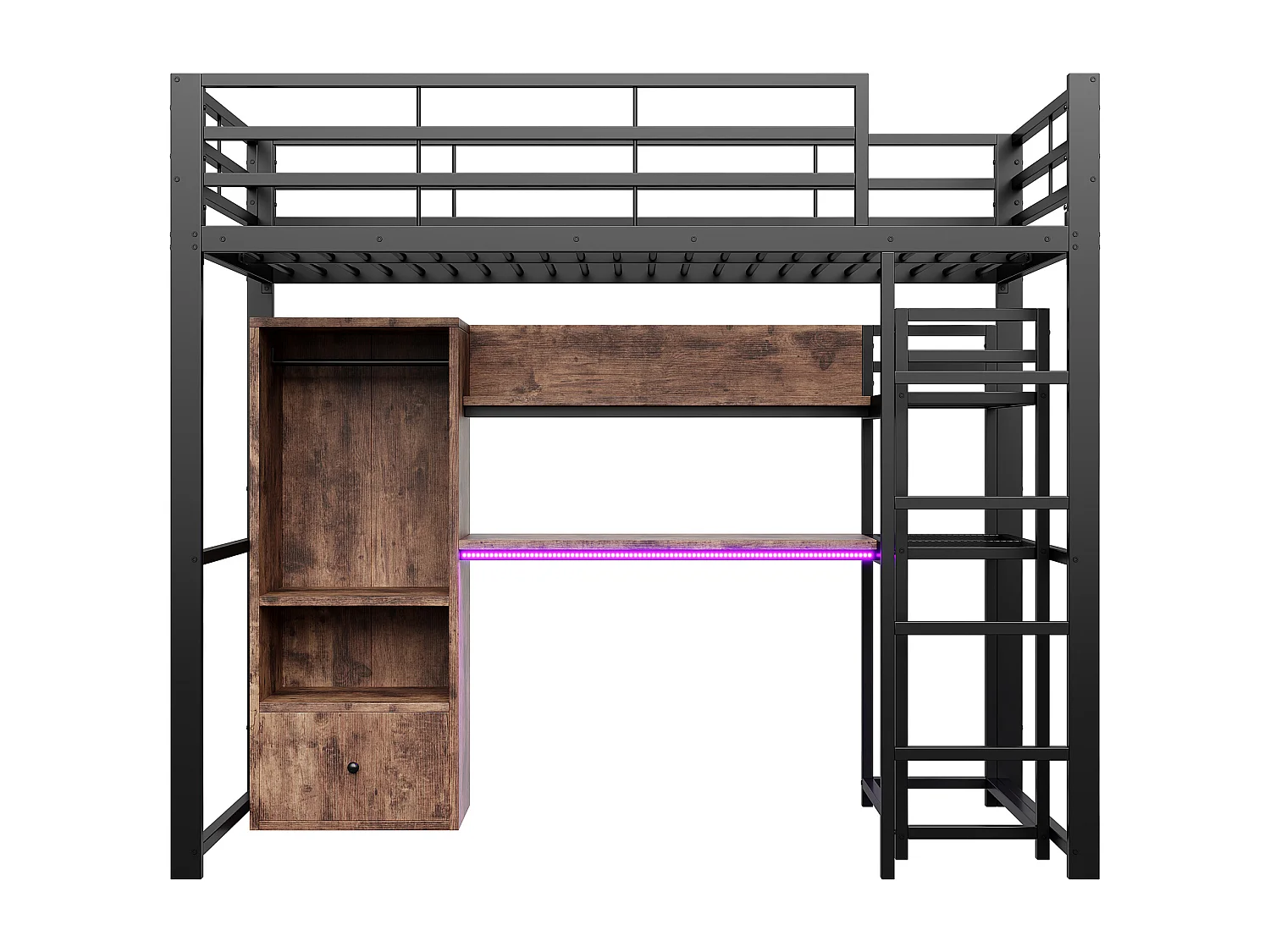 Lit mezzanine pour enfant - 90 x 200 cm - avec armoire + Leds + bureau + 1 tiroir - MDF + métal - noir