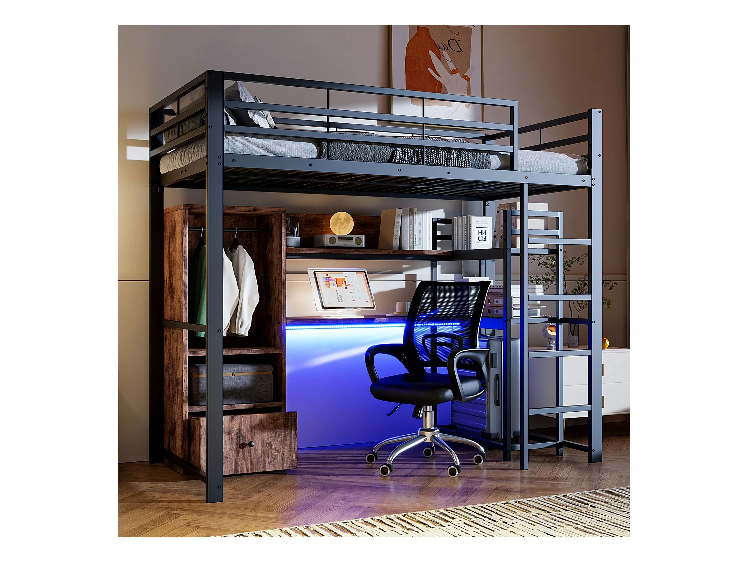Cama alta infantil - 90 x 200 cm - com guarda-roupa + LEDs + escrivaninha + 1 gaveta - MDF + metal - preto