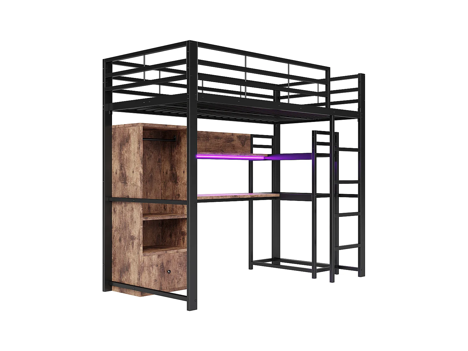 Łóżko piętrowe dla dzieci - 90 x 200 cm - z szafą + LED + biurko + 1 szuflada - MDF + metal - czarne