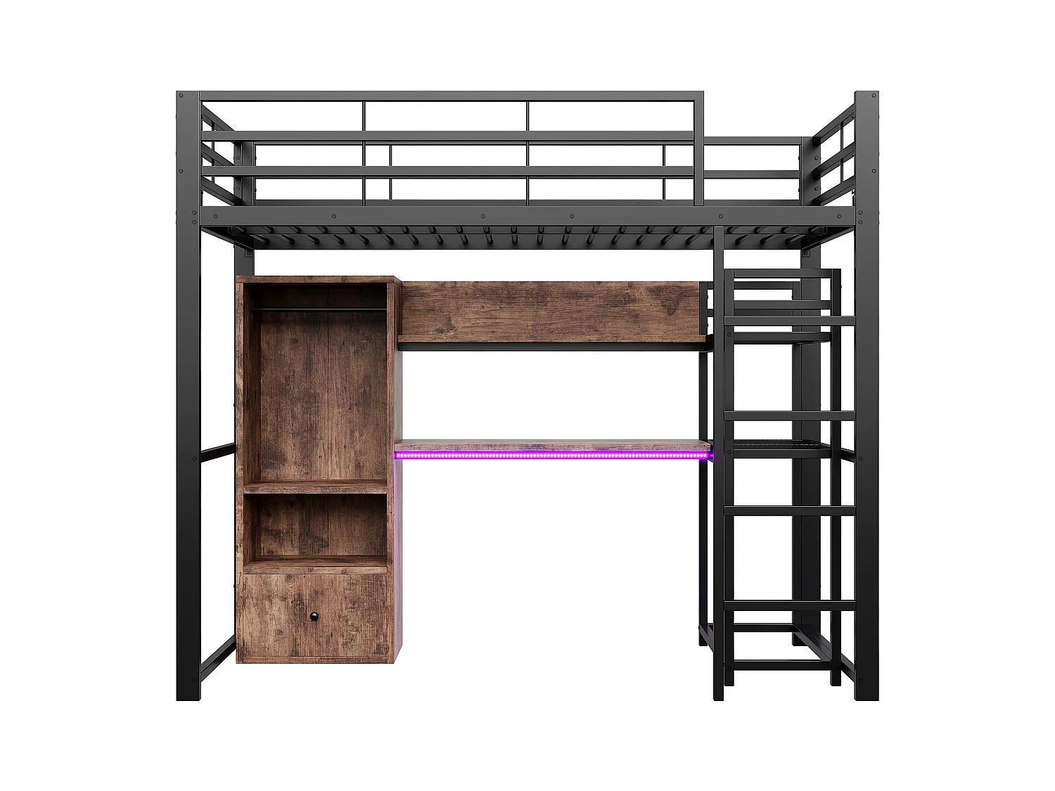Łóżko piętrowe dla dzieci - 90 x 200 cm - z szafą + LED + biurko + 1 szuflada - MDF + metal - czarne