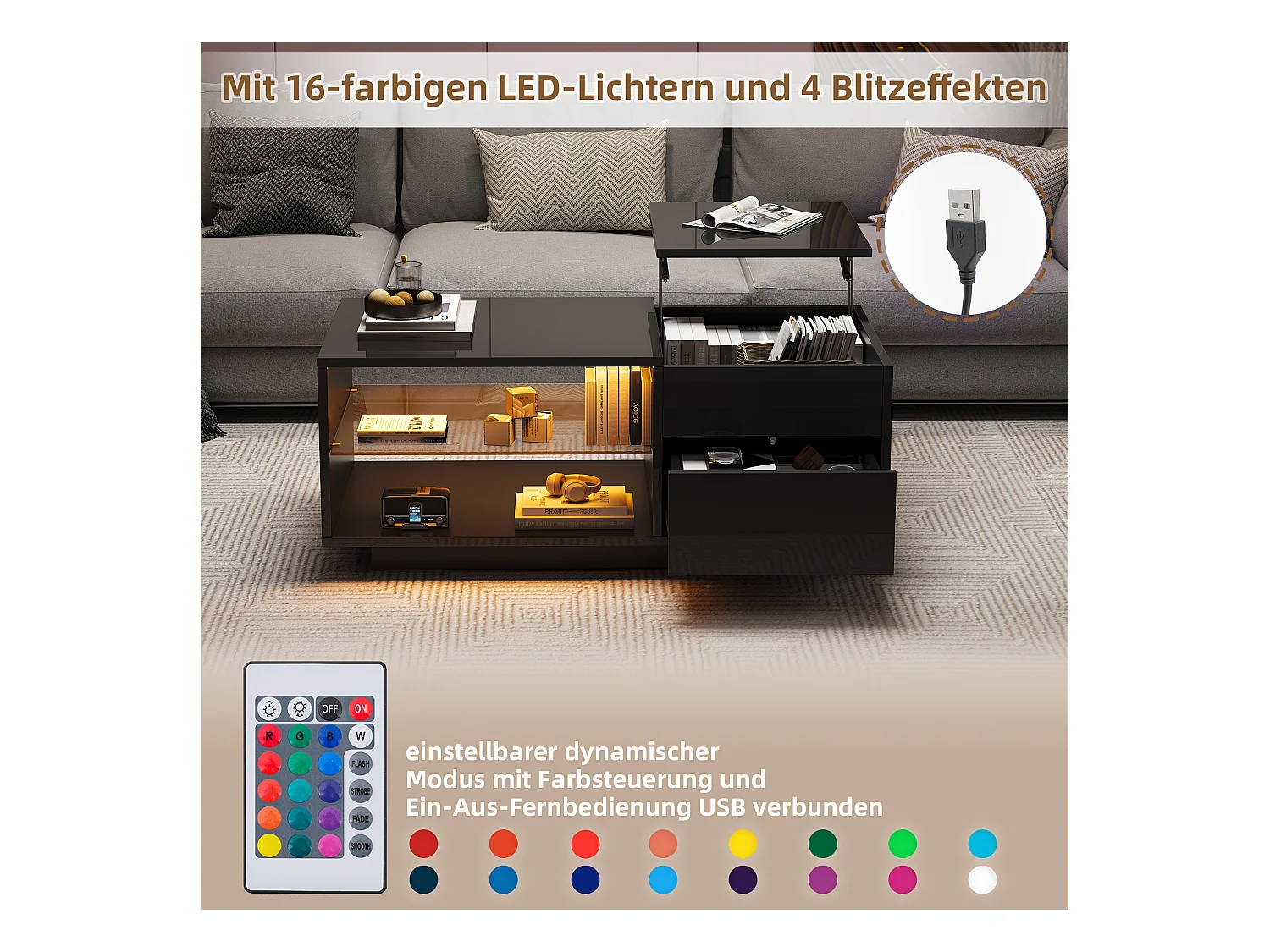 Table basse relevable - 100 x 49 x 40 cm - avec rangement dissimulé + 1 tiroir + Leds - aggloméré - noir