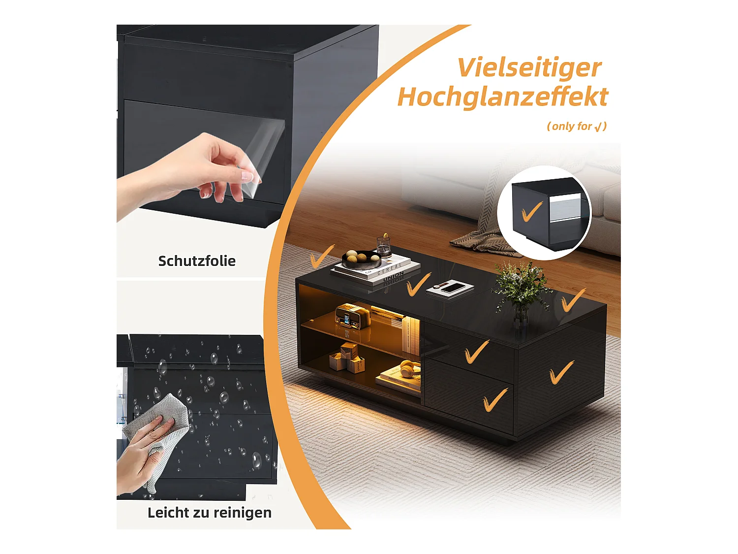 Table basse relevable - 100 x 49 x 40 cm - avec rangement dissimulé + 1 tiroir + Leds - aggloméré - noir