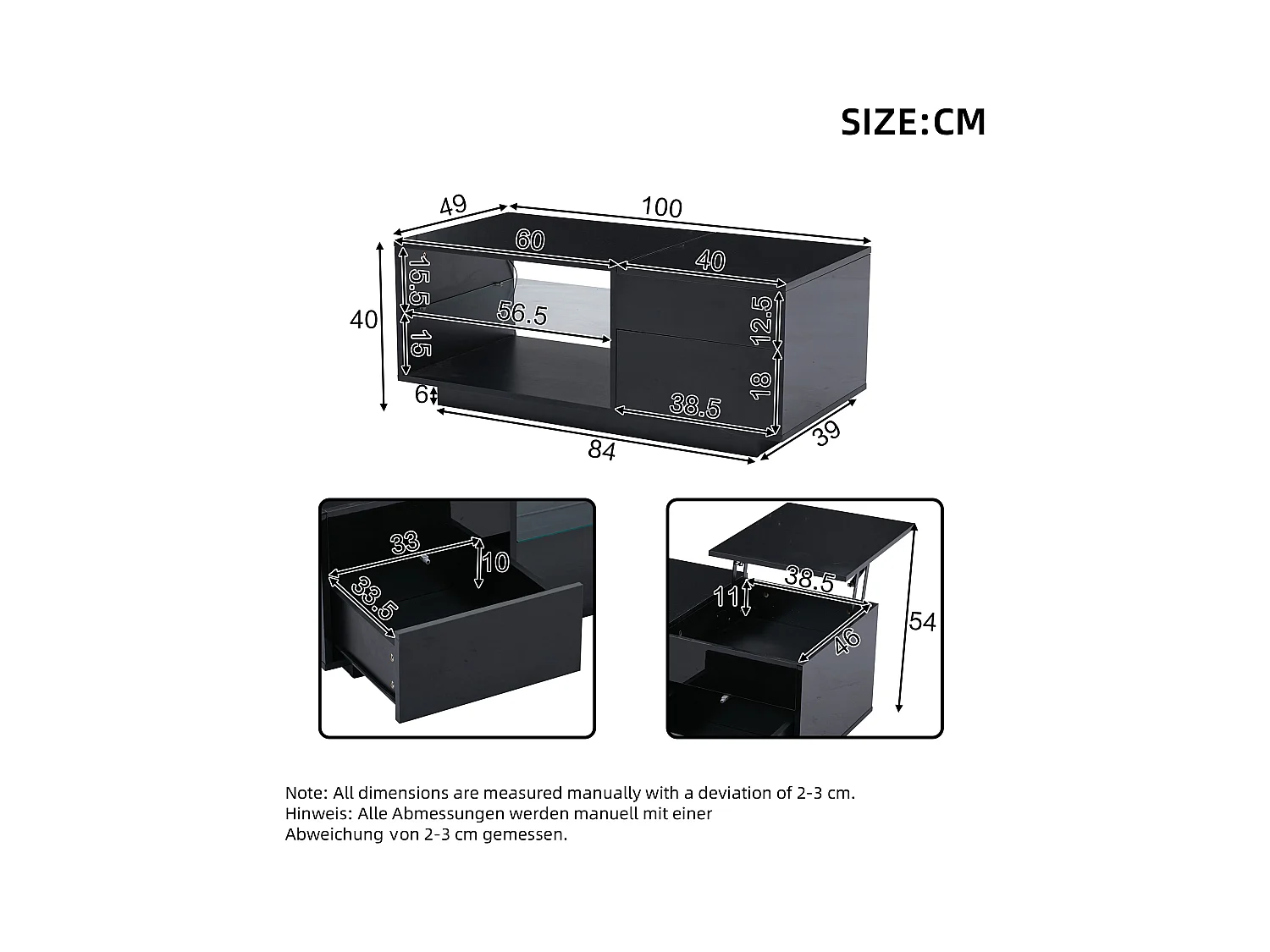 Table basse relevable - 100 x 49 x 40 cm - avec rangement dissimulé + 1 tiroir + Leds - aggloméré - noir
