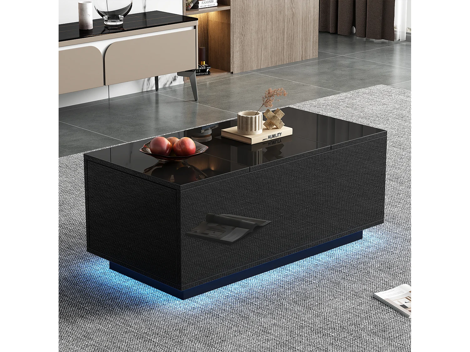 Table basse relevable - 95 x 48 x 40 cm - Table de salon avec 2 tiroirs + Leds - aggloméré - noir