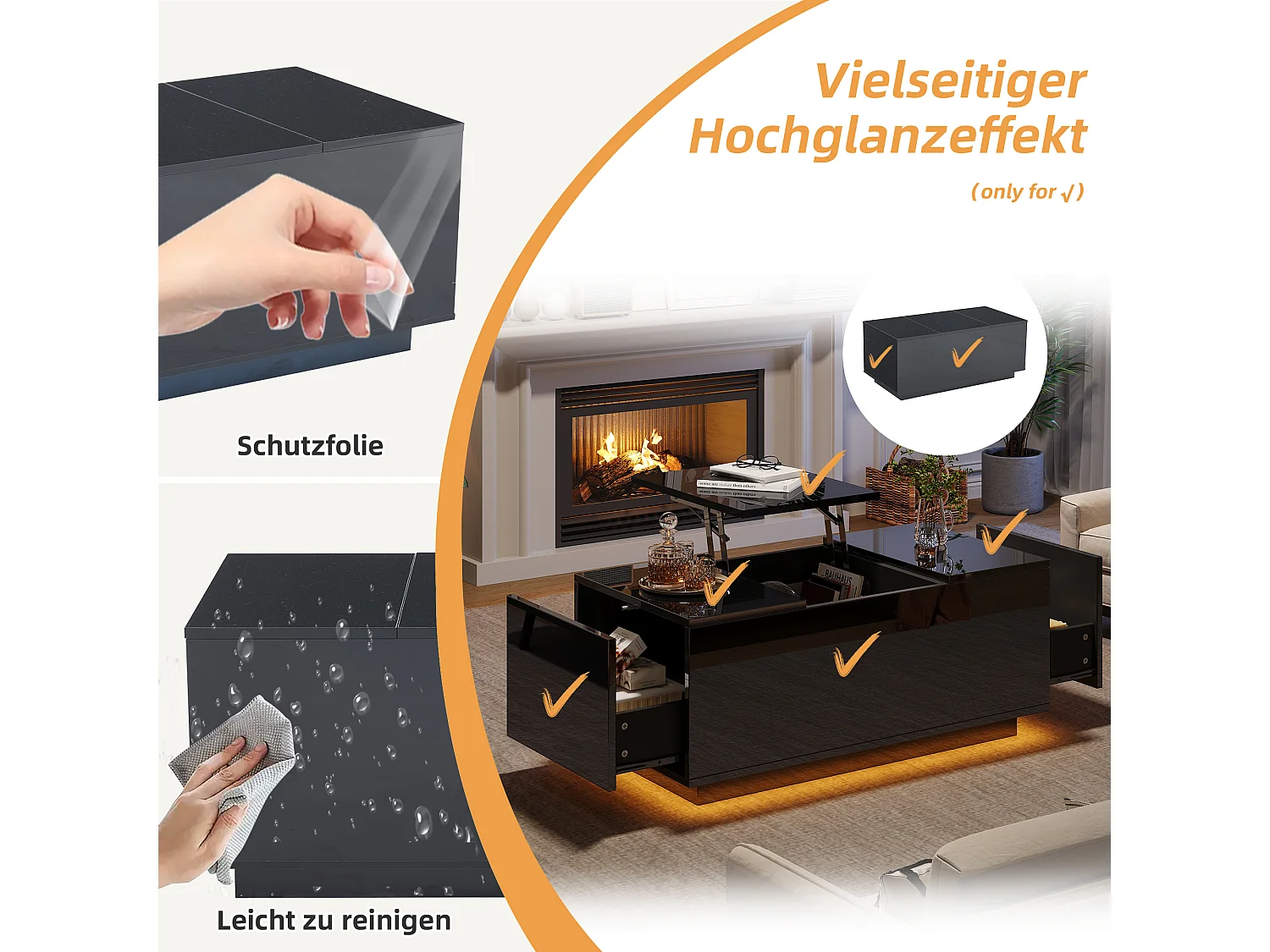 Table basse relevable - 95 x 48 x 40 cm - Table de salon avec 2 tiroirs + Leds - aggloméré - noir