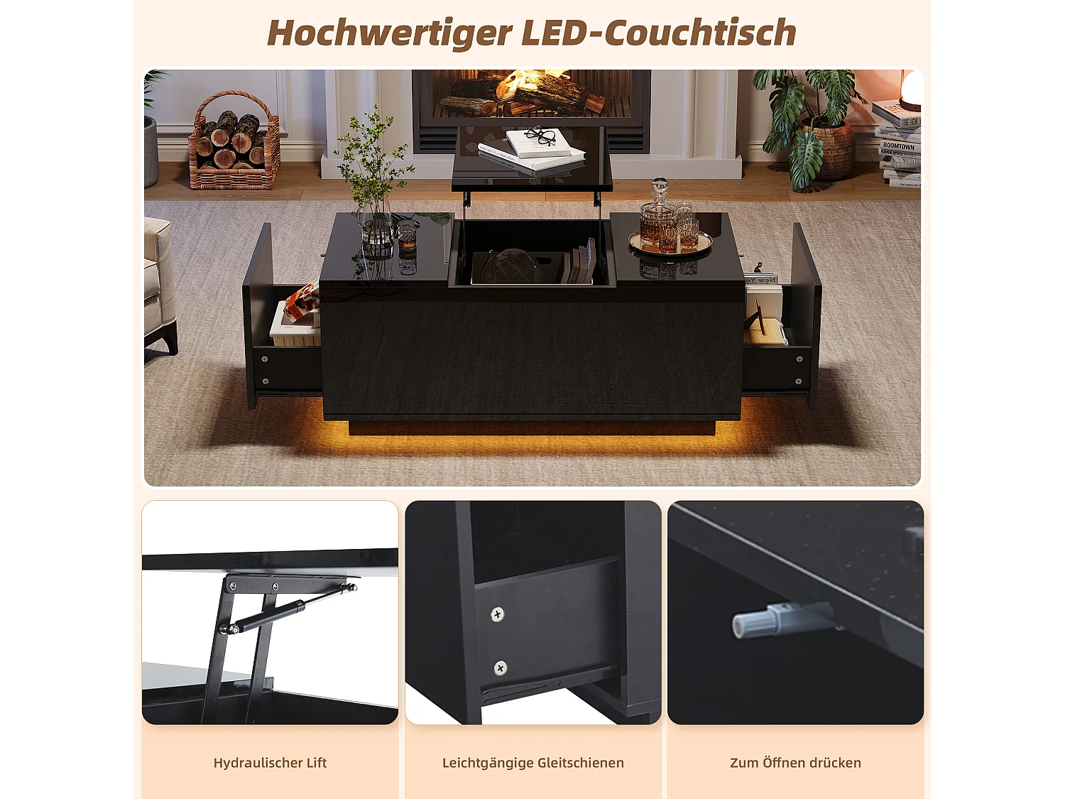 Table basse relevable - 95 x 48 x 40 cm - Table de salon avec 2 tiroirs + Leds - aggloméré - noir