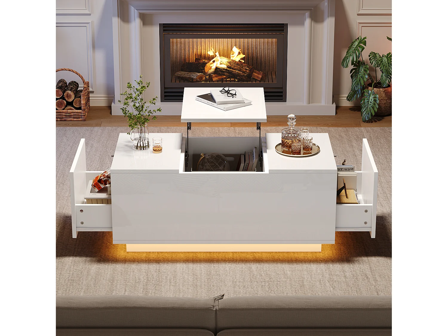 Table basse relevable - 95 x 48 x 40 cm - Table de salon avec 2 tiroirs + Leds - aggloméré - blanc