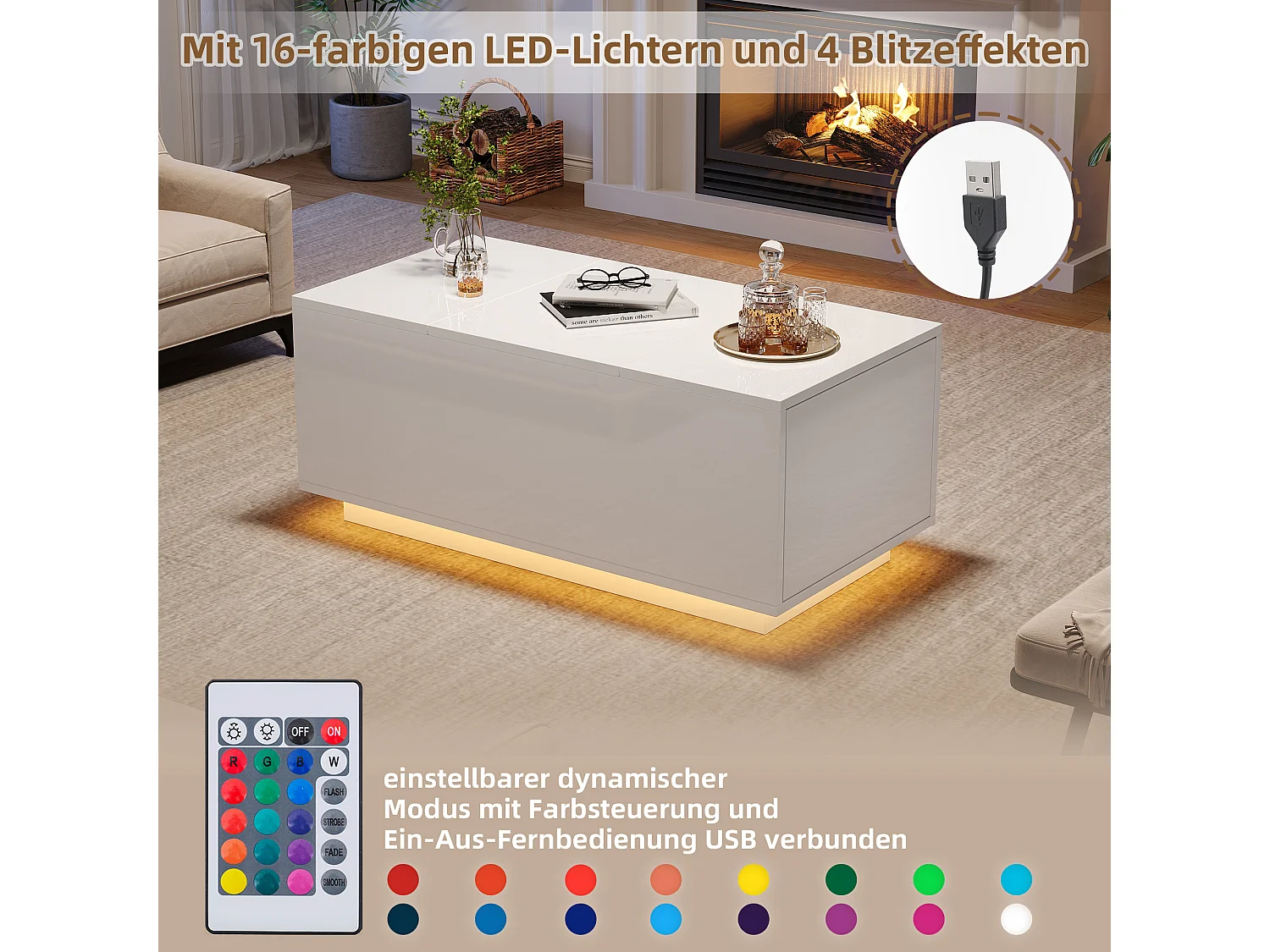 Table basse relevable - 95 x 48 x 40 cm - Table de salon avec 2 tiroirs + Leds - aggloméré - blanc