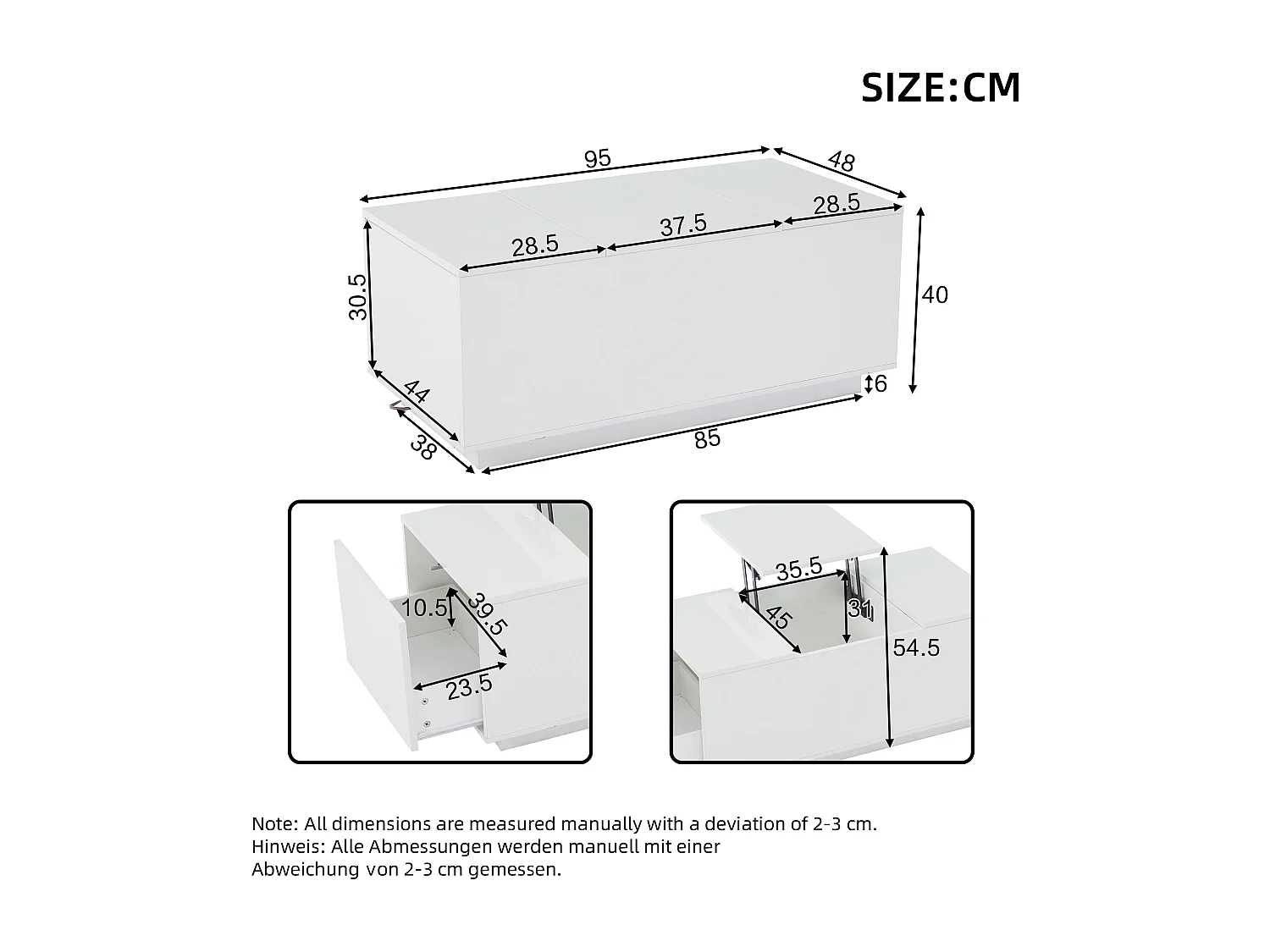 Table basse relevable - 95 x 48 x 40 cm - Table de salon avec 2 tiroirs + Leds - aggloméré - blanc