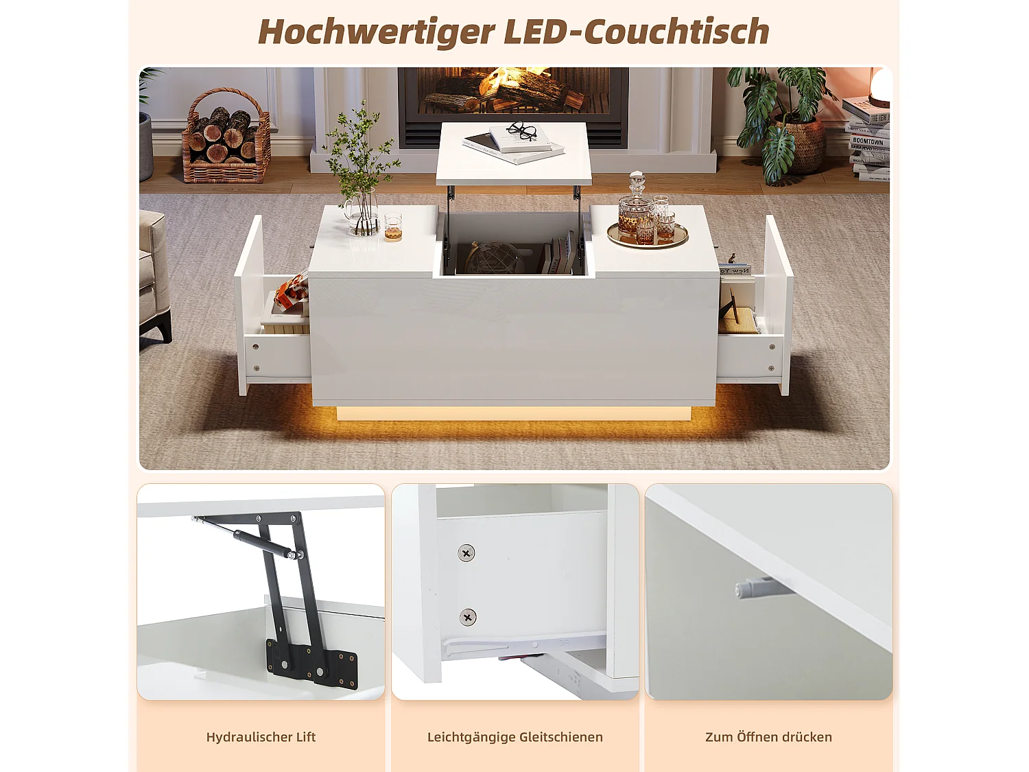 Table basse relevable - 95 x 48 x 40 cm - Table de salon avec 2 tiroirs + Leds - aggloméré - blanc