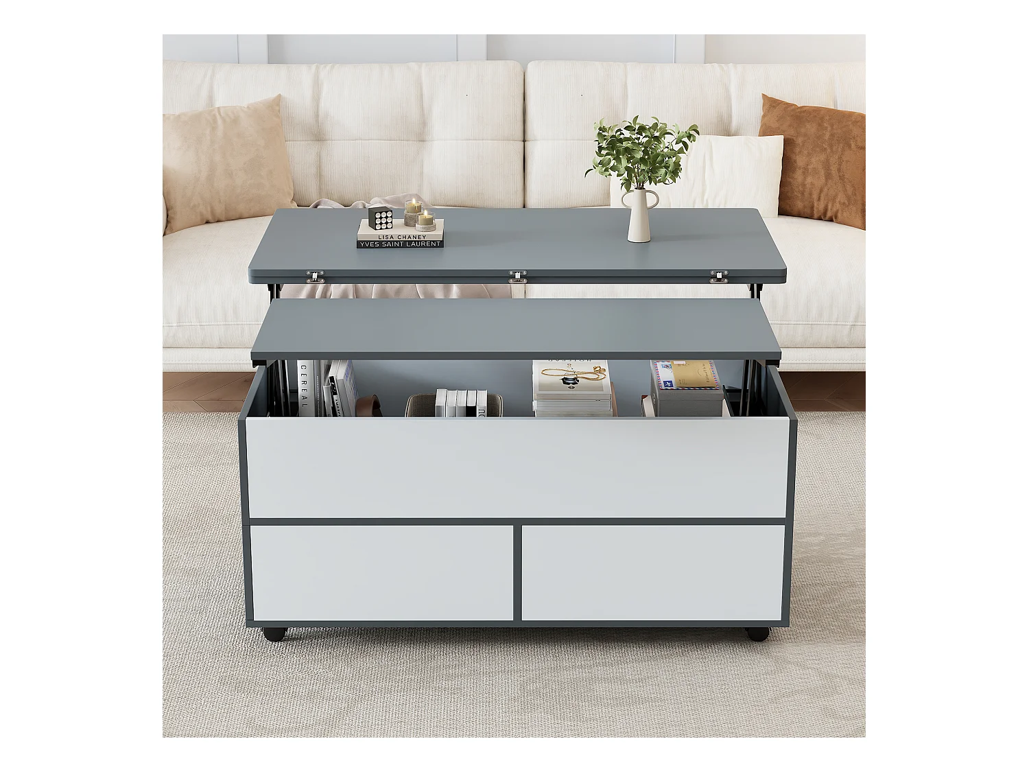 Hochklappbarer Couchtisch – 100 x 98 x 65 cm – mit Stauraum + verstecktem Regal + 1 Schublade – Spanplatte – grau