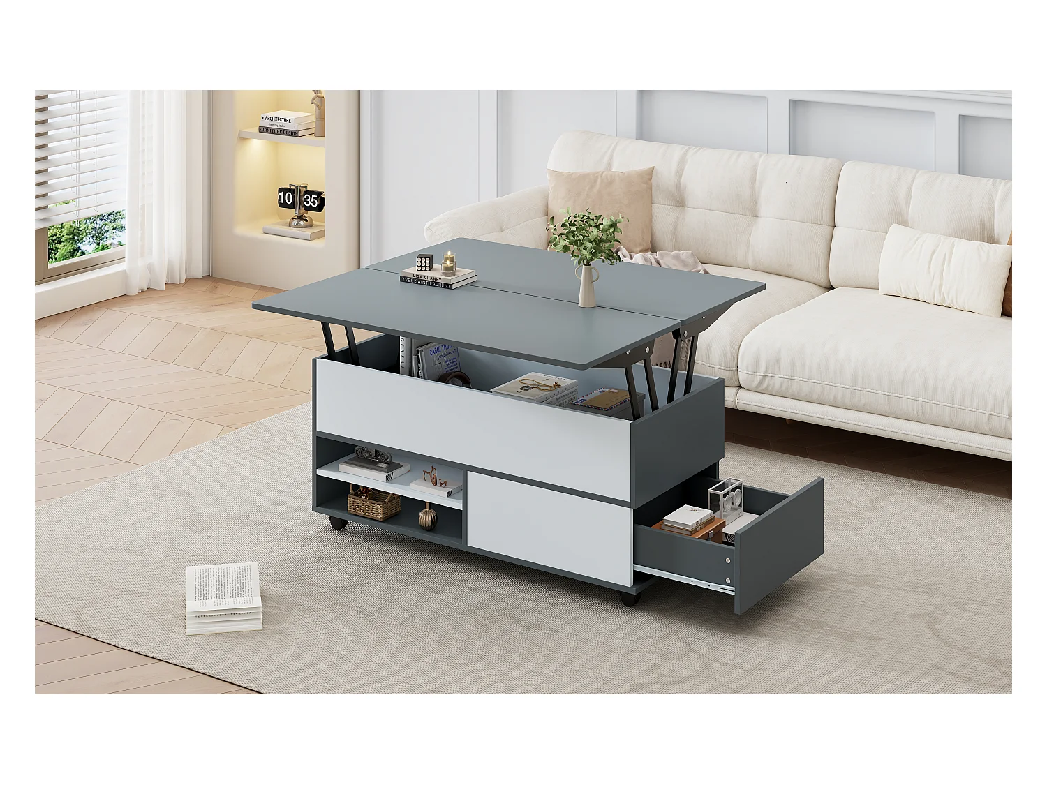 Hochklappbarer Couchtisch – 100 x 98 x 65 cm – mit Stauraum + verstecktem Regal + 1 Schublade – Spanplatte – grau