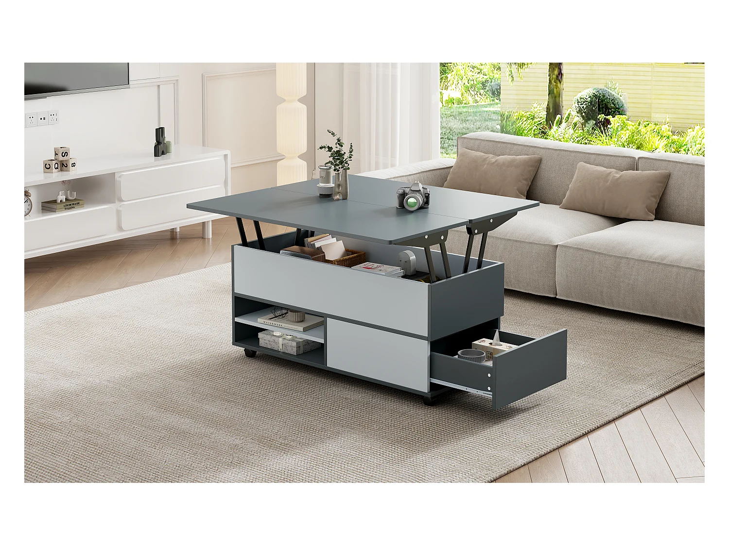 Hochklappbarer Couchtisch – 100 x 98 x 65 cm – mit Stauraum + verstecktem Regal + 1 Schublade – Spanplatte – grau