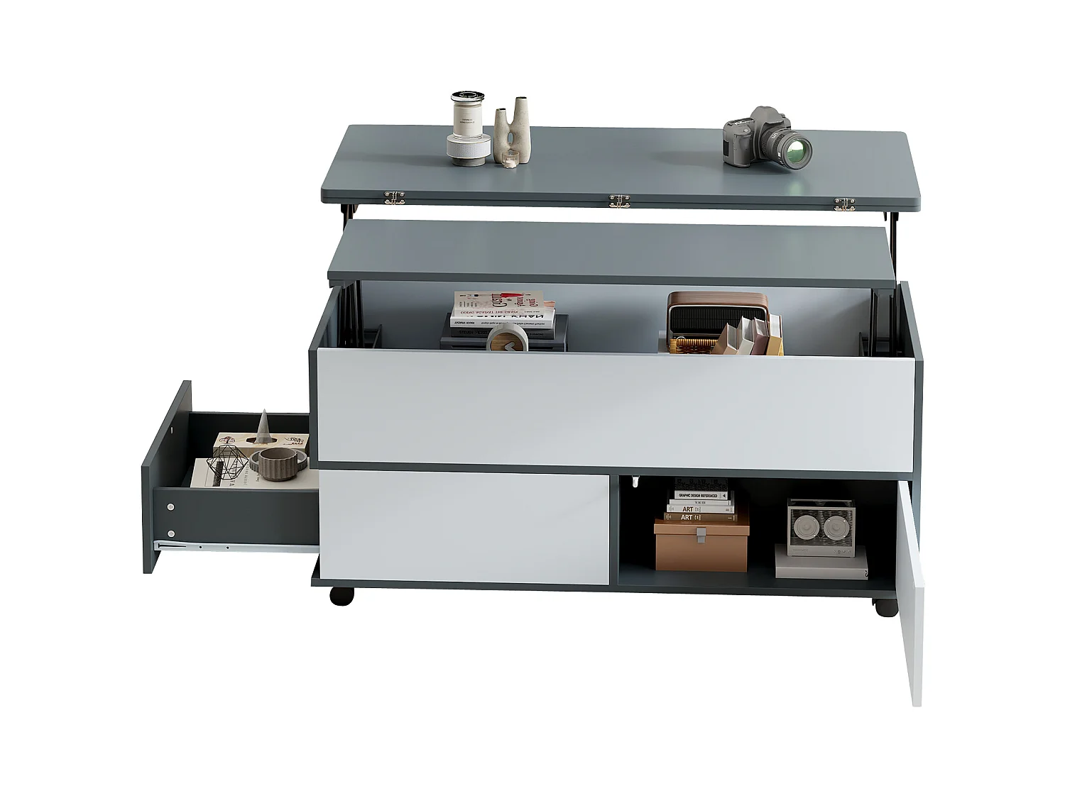 Hochklappbarer Couchtisch – 100 x 98 x 65 cm – mit Stauraum + verstecktem Regal + 1 Schublade – Spanplatte – grau