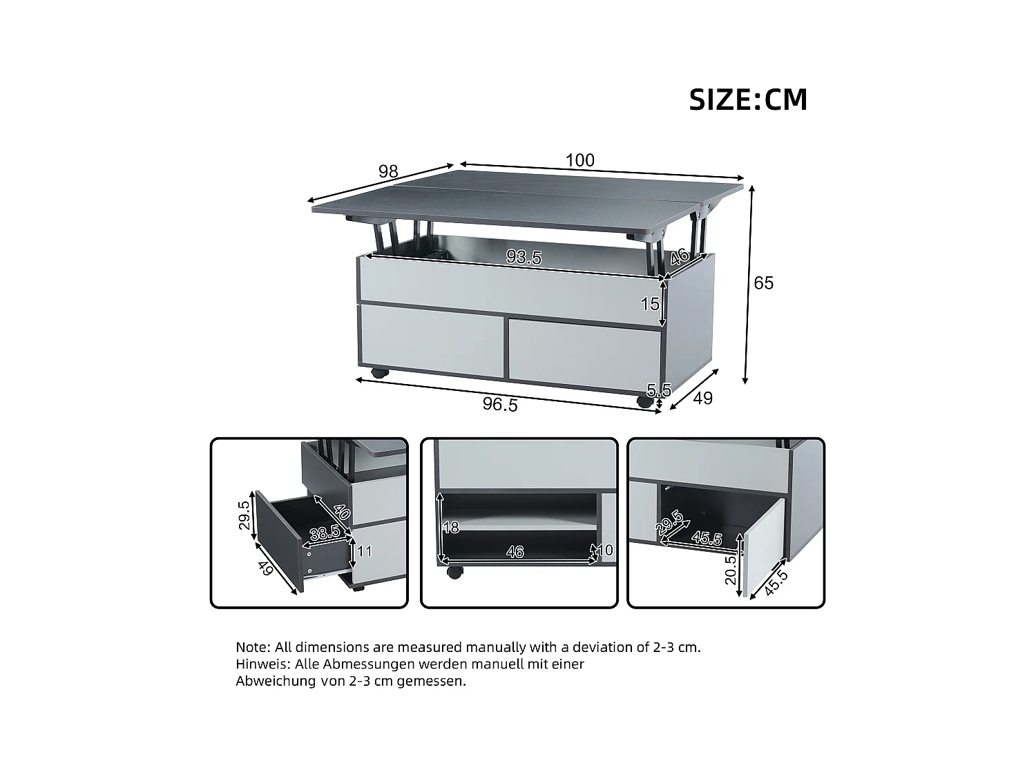 Hochklappbarer Couchtisch – 100 x 98 x 65 cm – mit Stauraum + verstecktem Regal + 1 Schublade – Spanplatte – grau