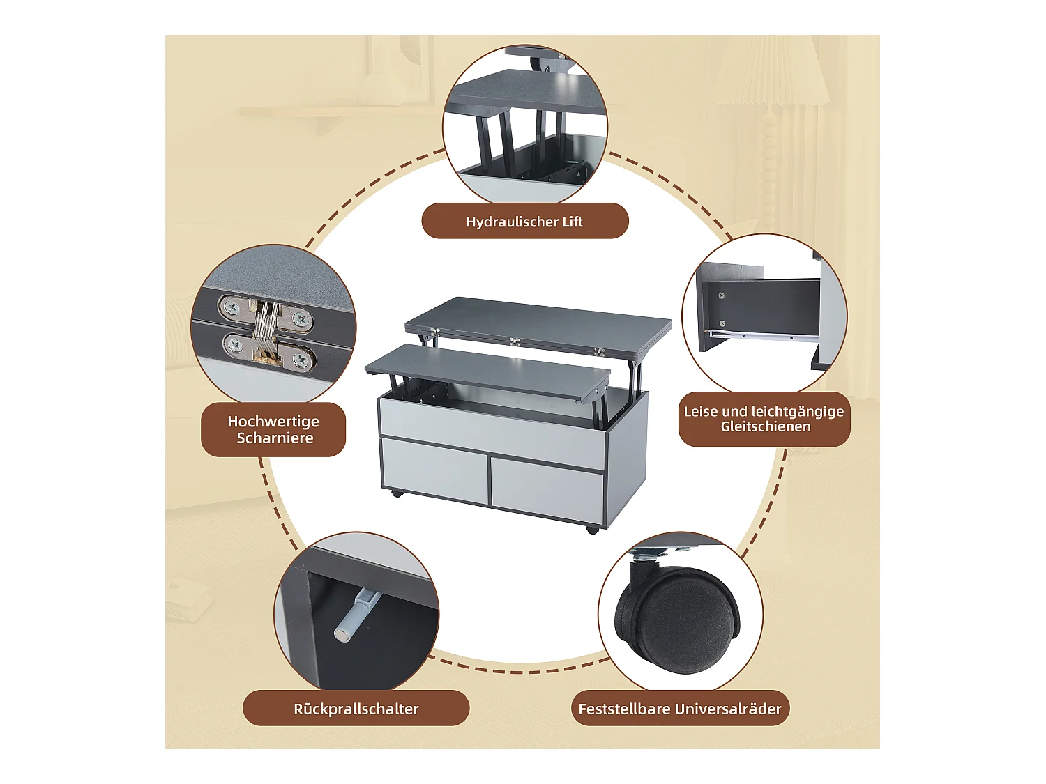 Hochklappbarer Couchtisch – 100 x 98 x 65 cm – mit Stauraum + verstecktem Regal + 1 Schublade – Spanplatte – grau