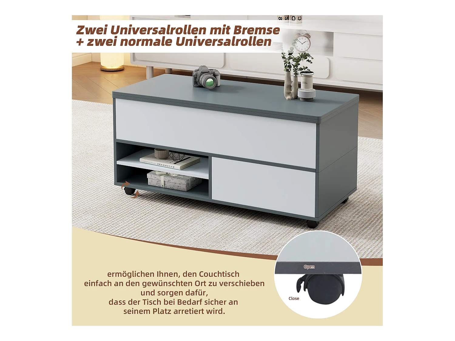 Hochklappbarer Couchtisch – 100 x 98 x 65 cm – mit Stauraum + verstecktem Regal + 1 Schublade – Spanplatte – grau