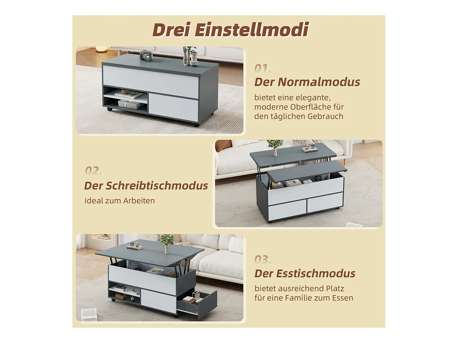 Hochklappbarer Couchtisch – 100 x 98 x 65 cm – mit Stauraum + verstecktem Regal + 1 Schublade – Spanplatte – grau