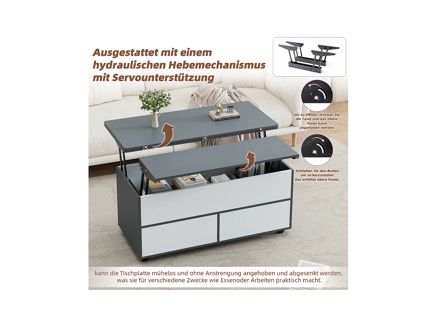 Hochklappbarer Couchtisch – 100 x 98 x 65 cm – mit Stauraum + verstecktem Regal + 1 Schublade – Spanplatte – grau