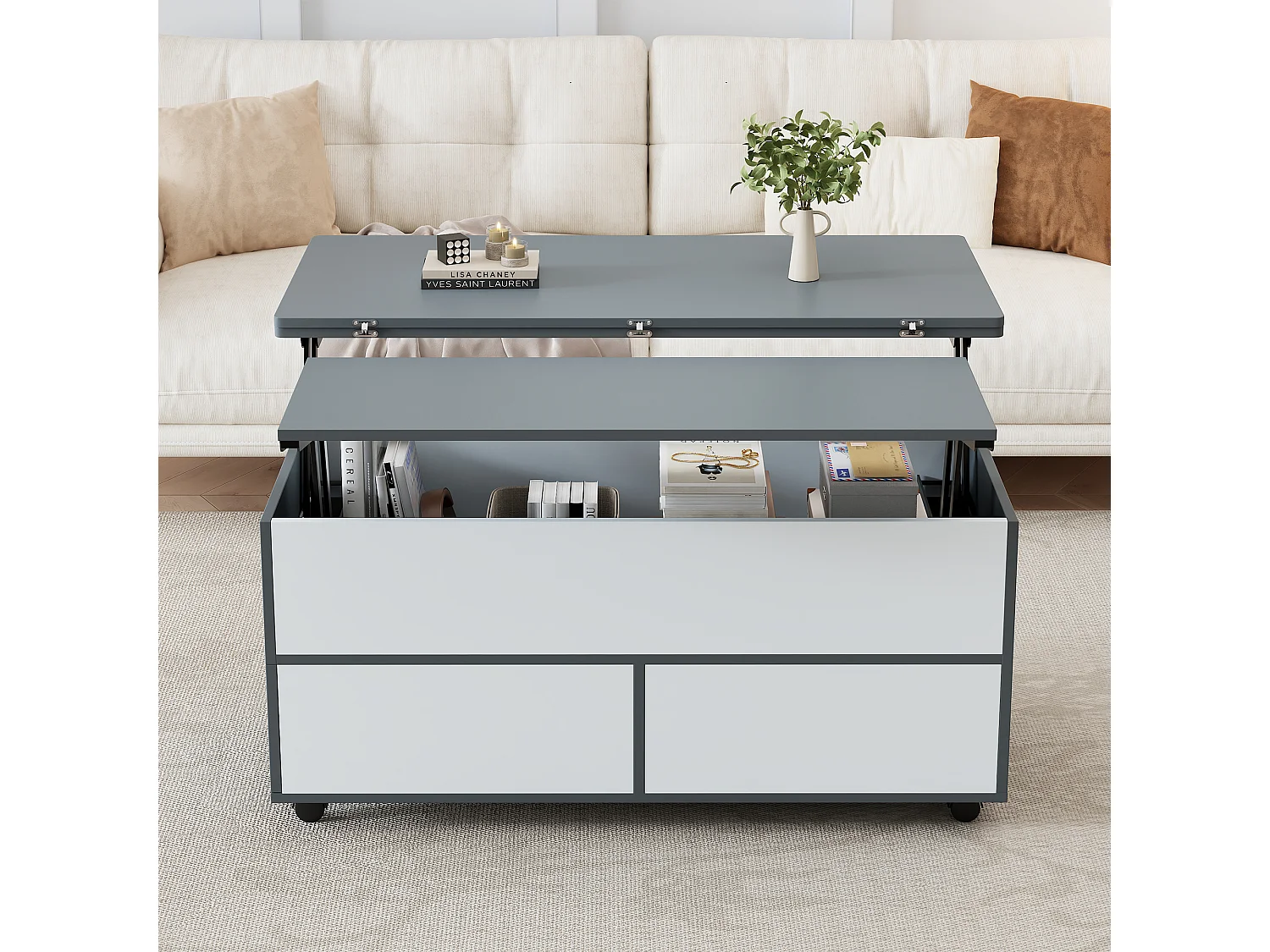 Table basse relevable - 100 x 98 x 65 cm - avec rangement + étagère cachés + 1 tiroir - aggloméré - gris