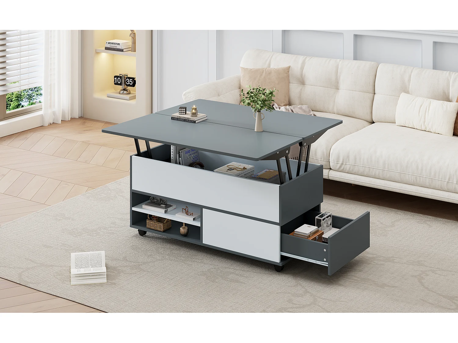 Table basse relevable - 100 x 98 x 65 cm - avec rangement + étagère cachés + 1 tiroir - aggloméré - gris