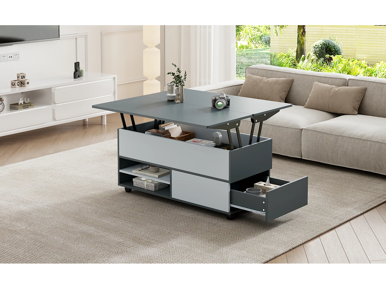 Table basse relevable - 100 x 98 x 65 cm - avec rangement + étagère cachés + 1 tiroir - aggloméré - gris