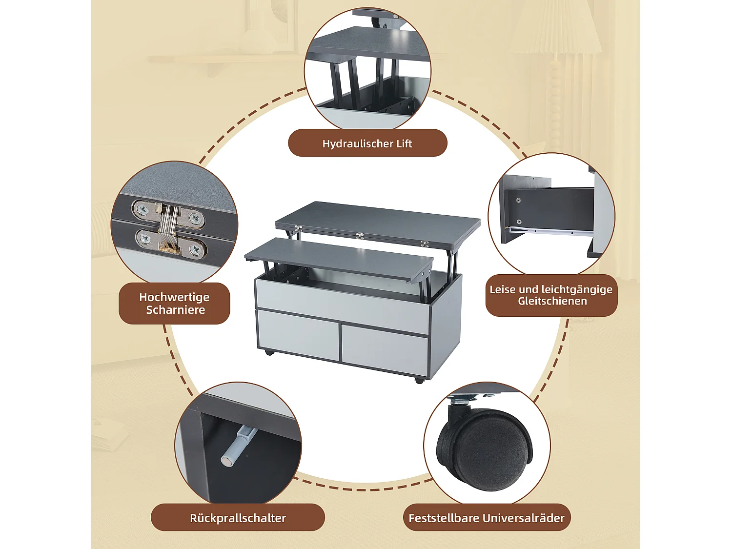 Table basse relevable - 100 x 98 x 65 cm - avec rangement + étagère cachés + 1 tiroir - aggloméré - gris