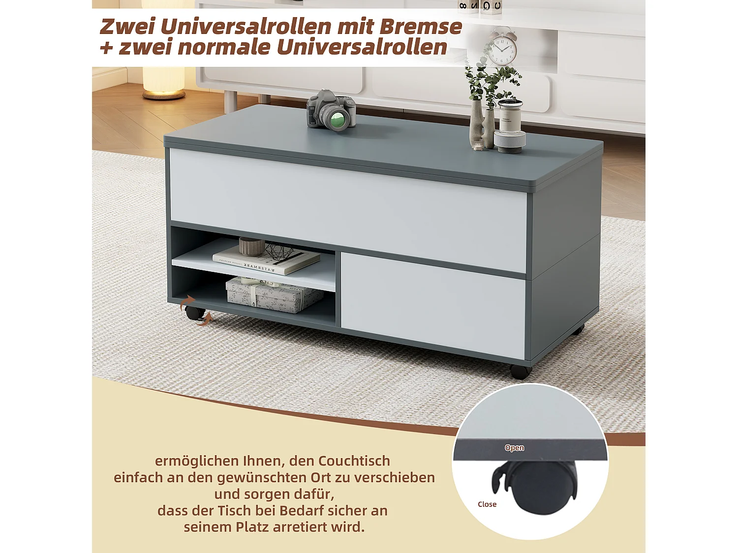 Table basse relevable - 100 x 98 x 65 cm - avec rangement + étagère cachés + 1 tiroir - aggloméré - gris
