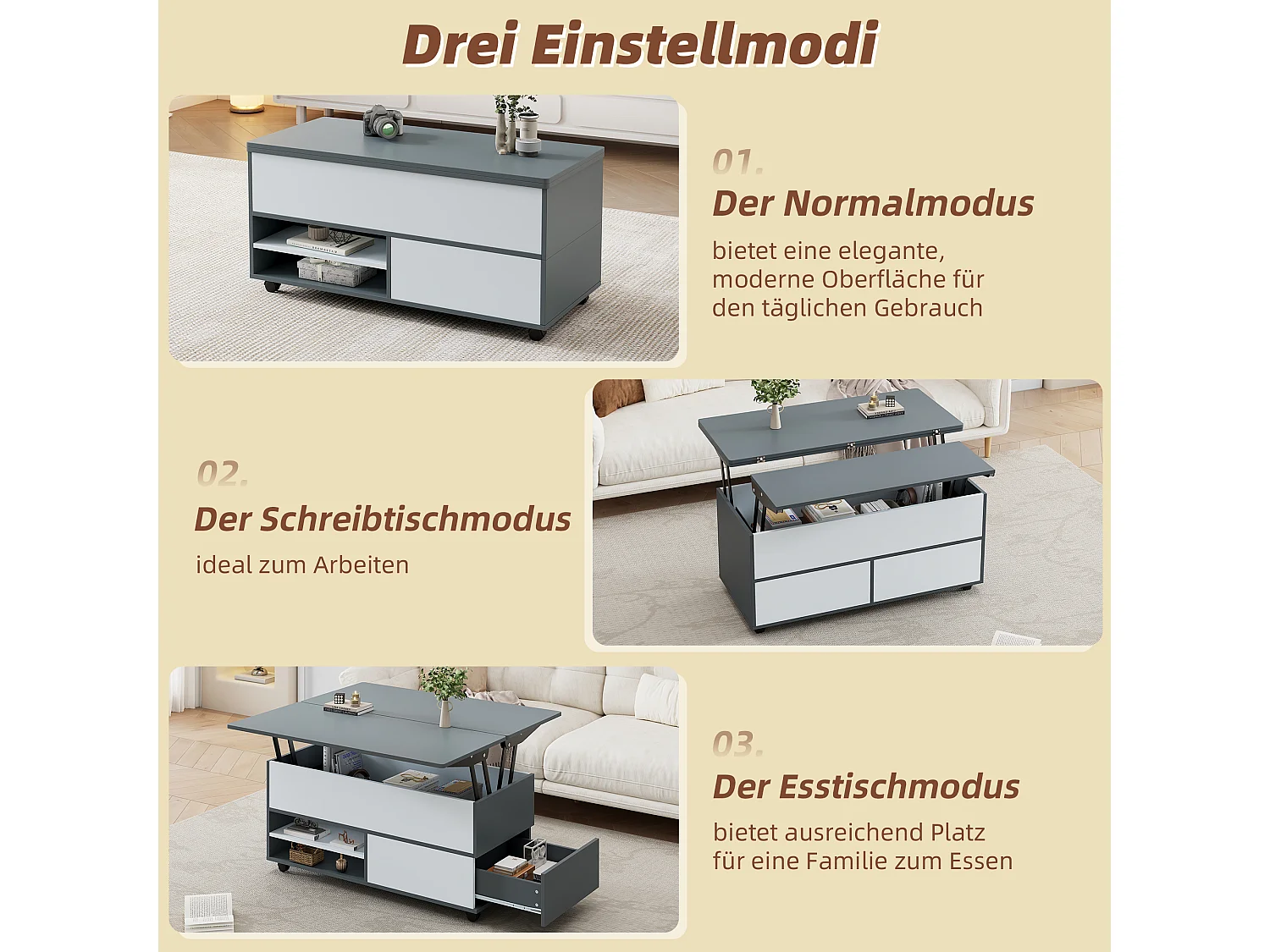 Table basse relevable - 100 x 98 x 65 cm - avec rangement + étagère cachés + 1 tiroir - aggloméré - gris