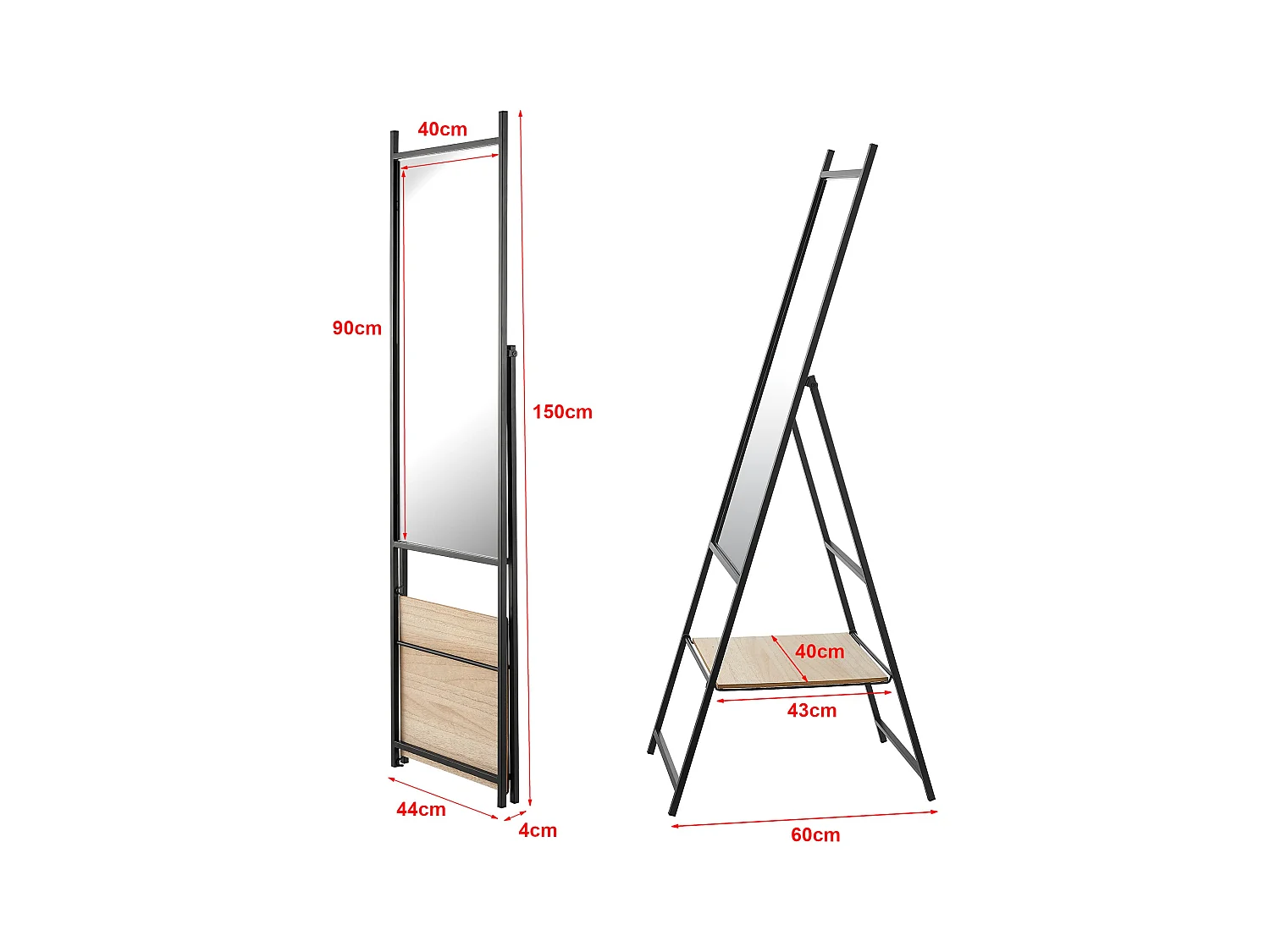 Specchio da terra con mensola in camoscio 150 x 44 x 60 cm effetto rovere nero 03_0007966