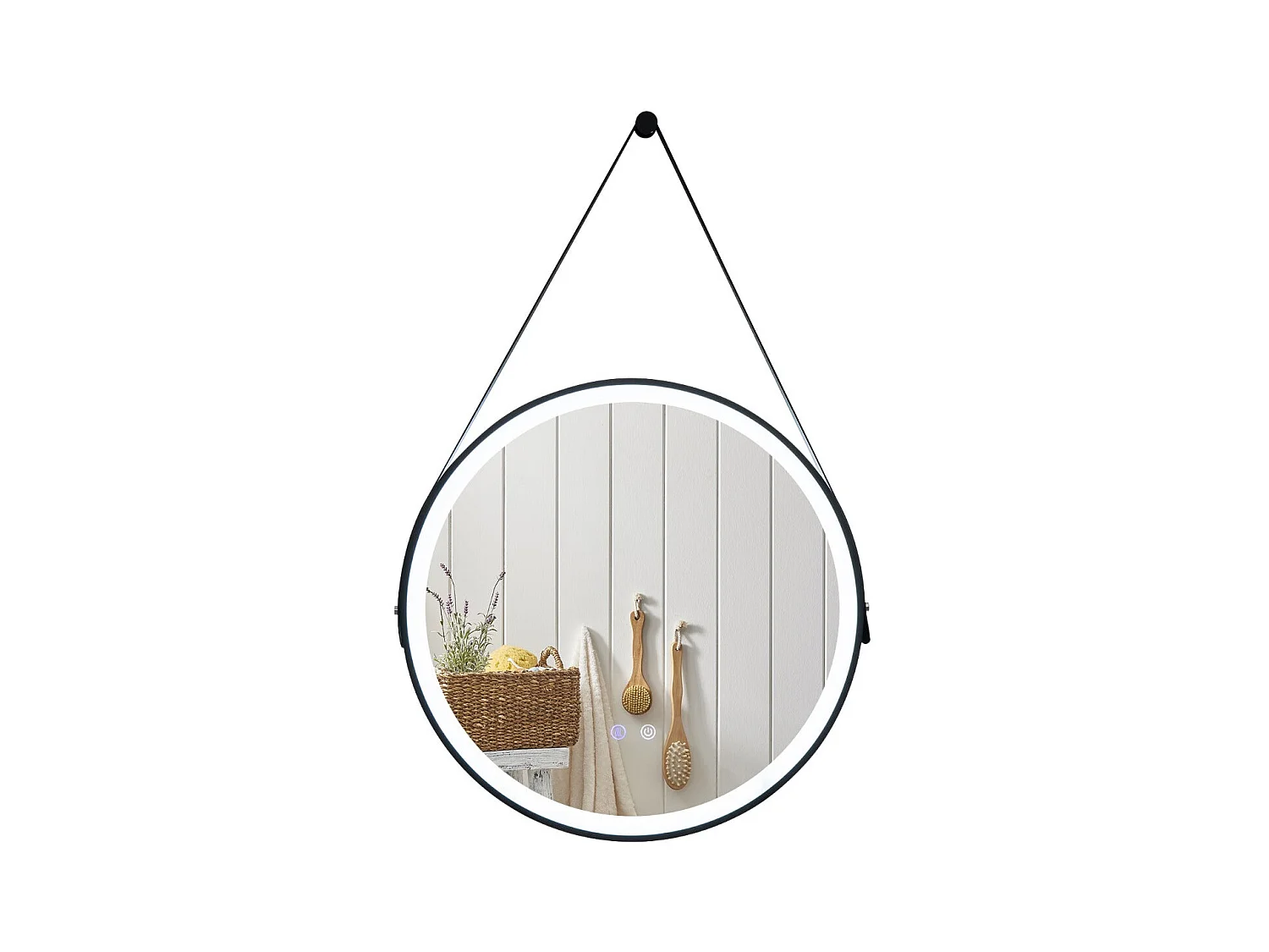 Espelho redondo led de 60cm para banheiro, iluminação de três cores, memória anti-neblina, pendurado na parede, pulseira de couro 20_0006299