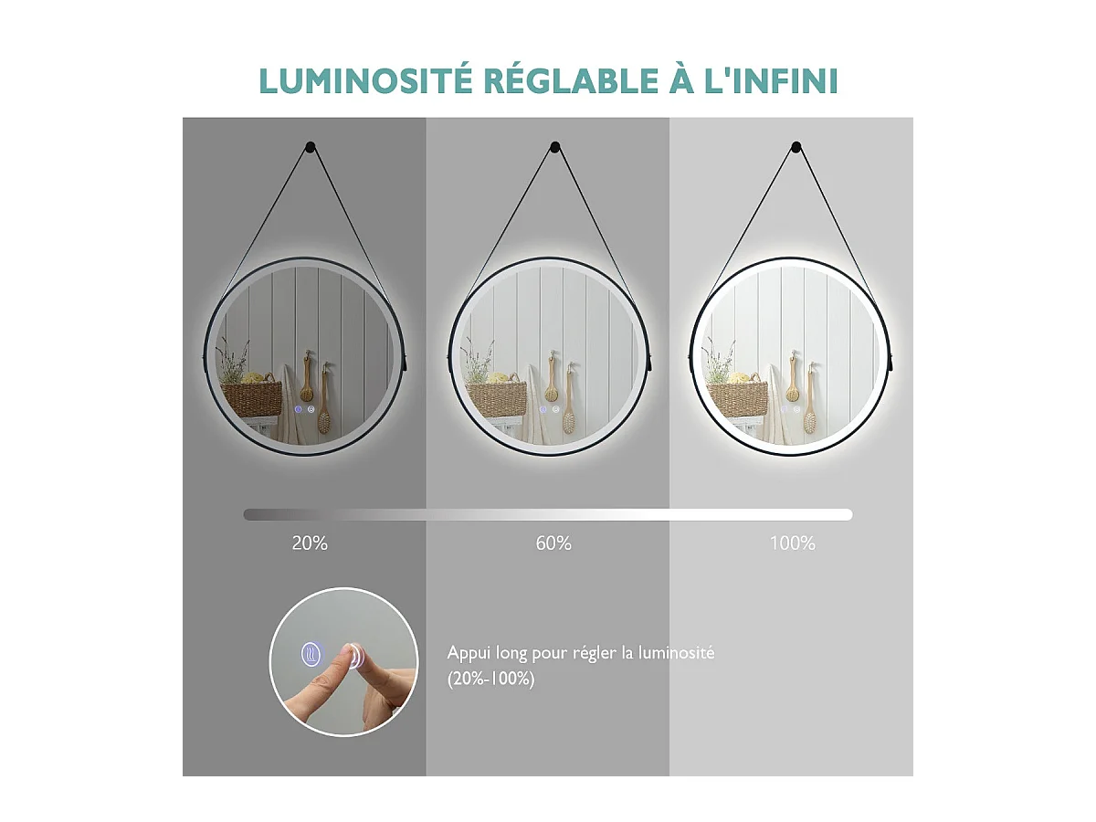 Espejo de baño LED redondo de 60 cm, iluminación de tres colores, memoria antivaho, espejo para colgar en la pared, correa de cuero 20_0006299