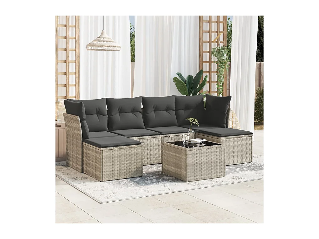 Salon de jardin avec coussins 7 pcs gris clair résine tressée