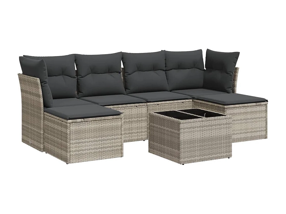 7 pcs conj. sofás jardim com almofadões vime PE cinzento-claro