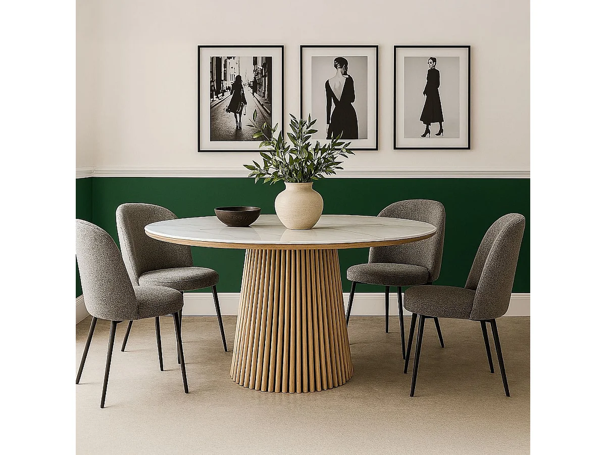 Table à manger ronde plateau en céramique effet marbre et bois clair 6 personnes Ø120 cm - Ada