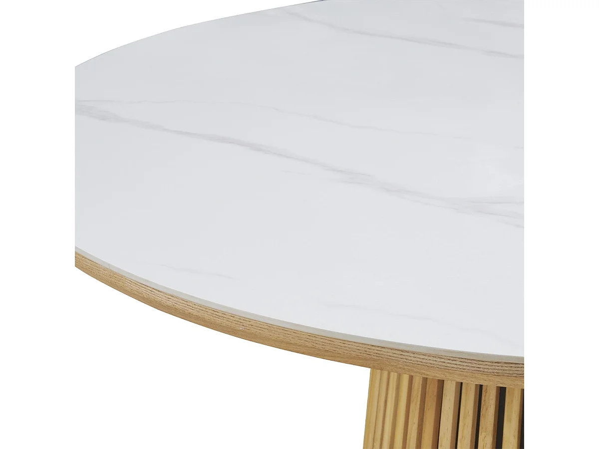 Table à manger ronde plateau en céramique effet marbre et bois clair 6 personnes Ø120 cm - Ada