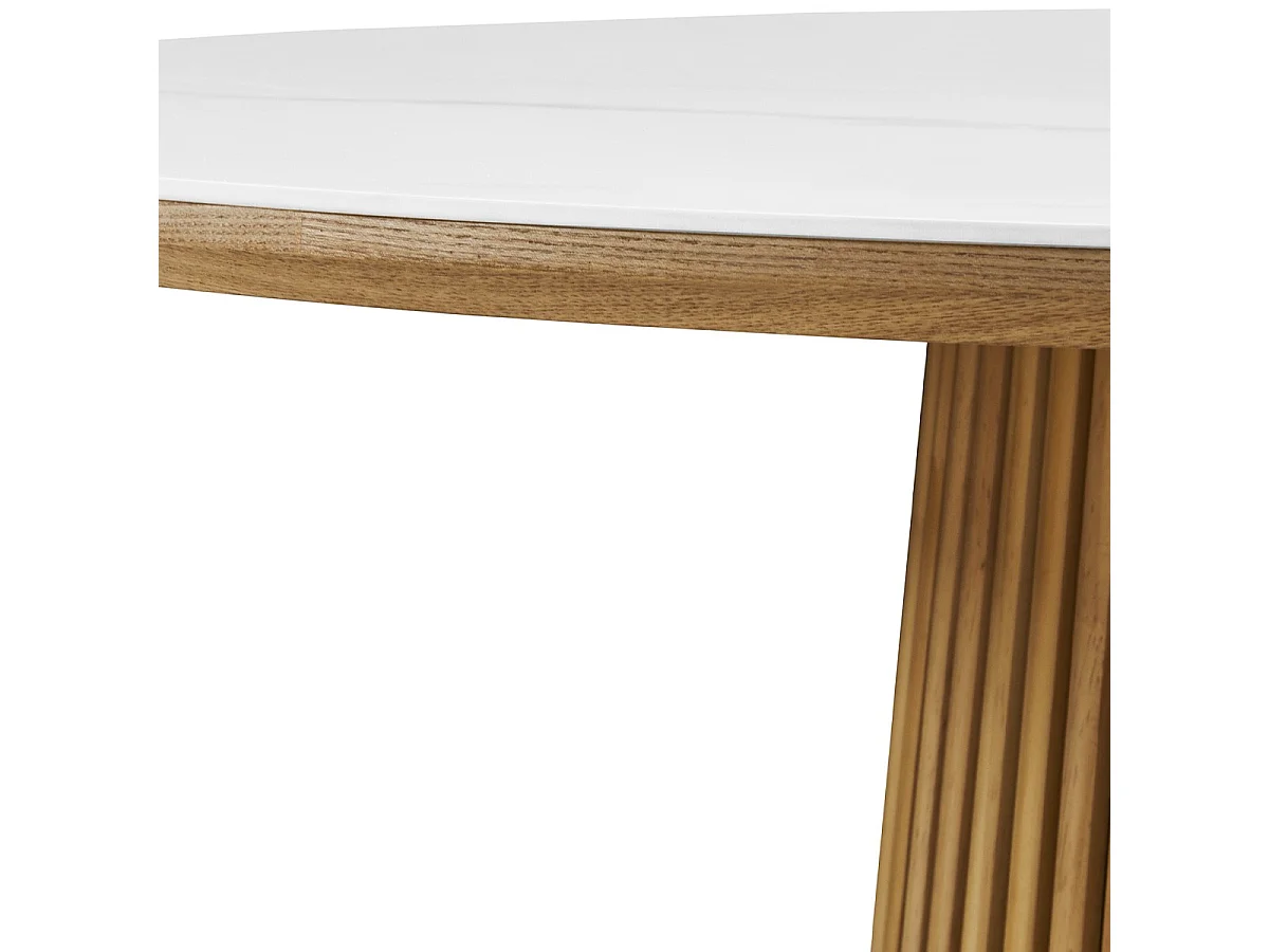 Table à manger ronde plateau en céramique effet marbre et bois clair 6 personnes Ø120 cm - Ada