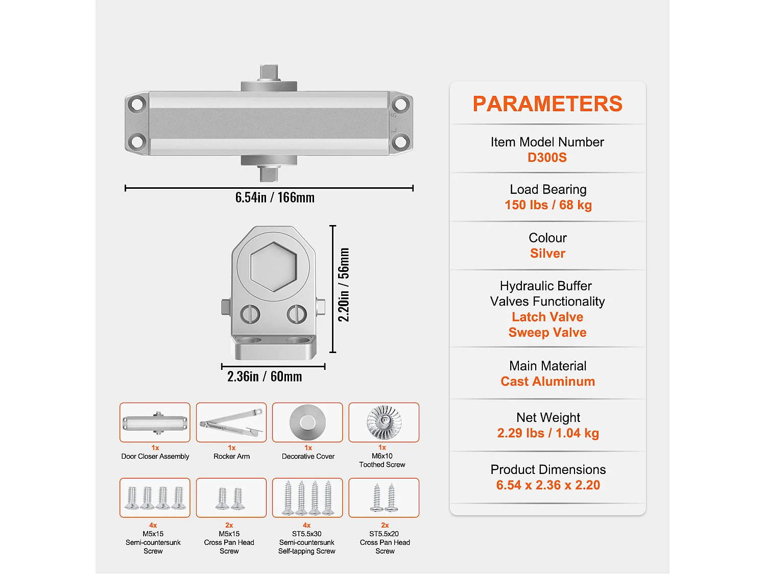 Cierre de Puerta SucceBuy 68 kg, Hidráulico, Fundición de Aluminio Resistente, Tamaño Ajustable, Instalación Fácil, Comercial/Residencial, Plata