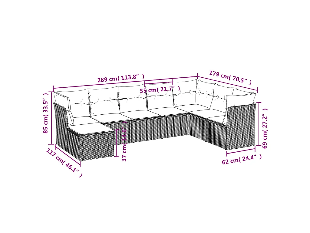 8-delige Loungeset met kussens poly rattan lichtgrijs